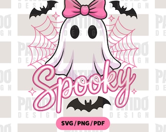 Lindo fantasma de Halloween SVG con lazo rosa y texto espeluznante / Clipart de fantasma gótico pastel para silueta / PNG PDF de Halloween kawaii / Diseño web de murciélagos