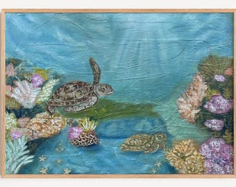 Sea Turtle Painting Underwater Nursery Beach House Wall Art Coral Reef Coastal Ocean Decor Handpainted Animal Gift Kids Bedroom Artwork