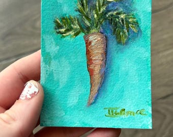 Garden Carrot Oil Painting Original Teal Cottage Kitchen Wall Art Hand Painted Vegetable Decor ACEO 2.5x3.5 Miniature Collectible Gift