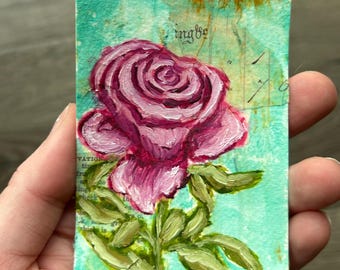 Original Pink Rose  Oil Painting   Botanical Art  Vintage Floral Art Soft Pink Shabby Chic Wall Decor ACEO 2.5x3.5 Miniature Collectible