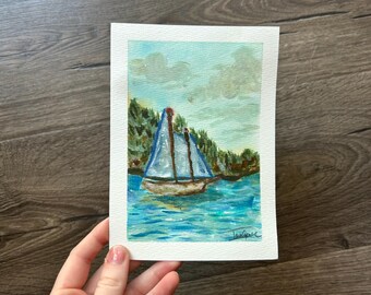 ORIGINAL NOT A PRINT Sailboat Watercolor Painting Small Nautical Wall Art Hand Painted Coastal Seascape Illustration Ocean Original Painting