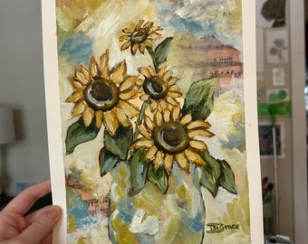 ORIGINAL NOT A PRINT "A Breath Of Fresh Air" 9x12inches Oil Painting on Paper Hand Painted Sunflower Still Life Painting Abstract Flower Art