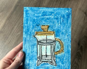 French Press Oil Pastel Painting Mini Coffee Wall Art Textured Kitchen Decor Whimsical Cafe Artwork Cozy Breakfast Nook Blue Still Life