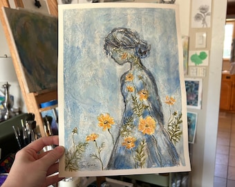 ORIGINAL NOT A PRINT "A Quiet Radiance" 9x12inches Watercolor Painting Hand Painted Soft Blue Floral Wall Art Whimsical Girl Painting