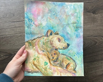 ORIGINAL NOT A PRINT Watercolor Abstract Brown Bear Painting Woodland Nursery Mom And Baby Artwork Soft Pink Baby Room Decor Soft Blue Art