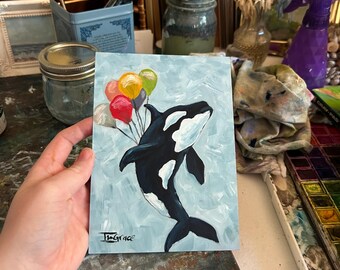ORIGINAL NOT A PRINT "The Ocean's Whimsy" Orca Painting Balloons Whimsical Whale Painting Wall Art Soft Blue Nursery Ocean Illustration