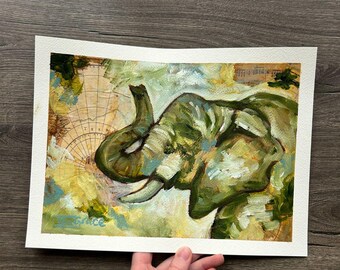 ORIGINAL NOT A PRINT "Hear My Heart's Call" 9x12inches Oil Painting on Paper Hand Painted Elephant Art Earth Tone Painting