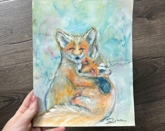ORIGINAL NOT A PRINT Watercolor Abstract Fox Painting Soft Blue Nursery Decor Pastel Wall Art Handpainted Woodland Animal Baby Room Hug Art
