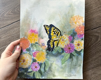 Floral Butterfly Painting ORIGINAL Watercolor Art Zinnia Garden Botanical Wall Decor Muted Pastel Cottagecore Nature Inspired Art