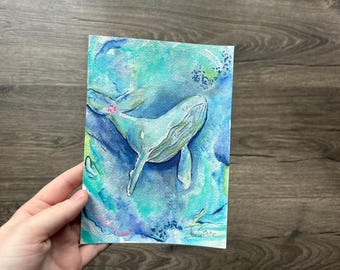 ORIGINAL NOT A PRINT "Whale's Song" 5x7inches Watercolor Painting Hand Painted Underwater Ocean Animal Painting Nautical Whale Wall Art