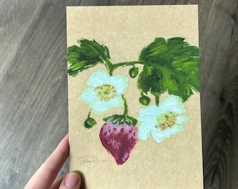 Strawberry Oil Painting Botanical Wall Art Textured Fruit Blossom Artwork Whimsical Cottagecore Kitchen Decor Cozy Farmhouse Wall Art PRINT