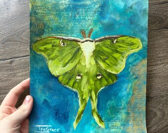 Green Luna Moth Painting ORIGINAL Oil Art Dark Academia Decor Moody Nature Wall Piece Vintage Sheet Music Bedroom Office Study Nook