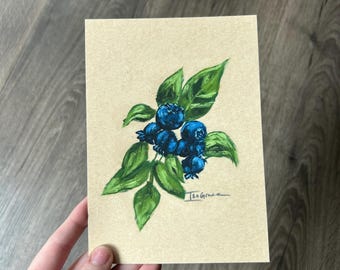 Blueberry Painting Mini Botanical Wall Art Textured Fruit Illustration Whimsical Cottagecore Kitchen Decor Cozy Blue Farmhouse Artwork PRINT