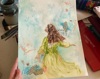 ORIGINAL NOT A PRINT "Then Sings My Soul" 9x12inches Watercolor Painting Hand Painted Soft Blue Christian Hymn Art Whimsical Girl Painting