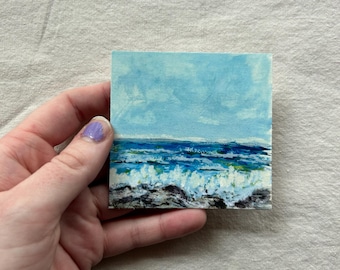 Tiny Ocean Painting Original Mini Seascape Art PRINT Handmade Small Coastal Artwork 3x3 Inch Blue Wave Painting Framed Beach Wall Art
