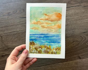 ORIGINAL NOT A PRINT Ocean Sunset Watercolor Painting Coastal Landscape Wall Art Hand Painted Beach Seascape Art Ocean Original Painting