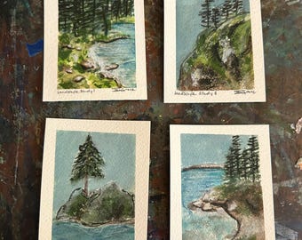 May include: Four rectangular watercolour paintings on white paper, each depicting a landscape scene with trees, water, and rocks. The paintings are labelled Landscape Study I, II, III, and IV, with a signature in the bottom right corner of each piece.