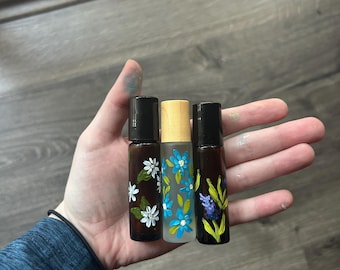 Hand Painted Essential Oil Roller Bottle Custom Floral Perfume Roller Frosted Glass or Amber Glass Roller Lavender Blue White Flower Design