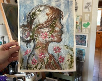 ORIGINAL NOT A PRINT "Release" 9x12inches Watercolor Painting Hand Painted Soft Blue and Pink Floral Art Whimsical Girl Painting Abstract
