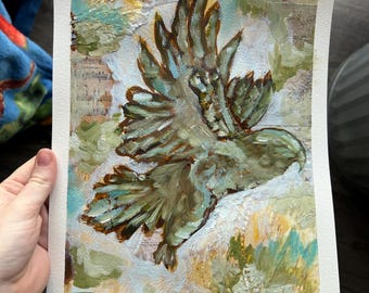 ORIGINAL NOT A PRINT "Freedom's Wings" 9x12inches Oil Painting on Paper Hand Painted Bird Art Earth Tone Abstract Painting