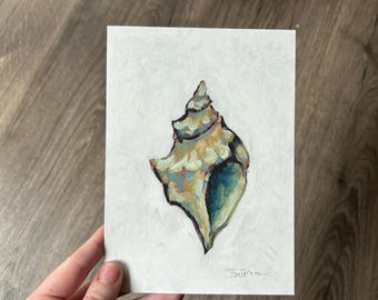 Sea Shell Oil Painting Mini Coastal Wall Art Textured Fine Art Seascape Beach House Decor Calm Ocean Nautical Wall Art Conch Shell PRINT