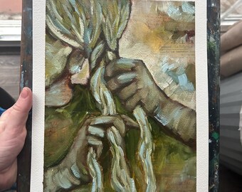 ORIGINAL NOT A PRINT "A Lineage of the Heart" 9x12inches Oil Painting on Paper Hand Painted Woman Braiding Hair Art Earth Tone Painting