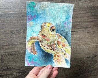 ORIGINAL NOT A PRINT "Toward The Light" 5x7inches Watercolor Painting Hand Painted Under Water Ocean Animal Painting Nautical Turtle Art