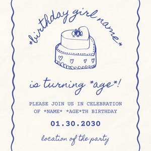 Invitation Anniversaire fille bleue, griffonnage
