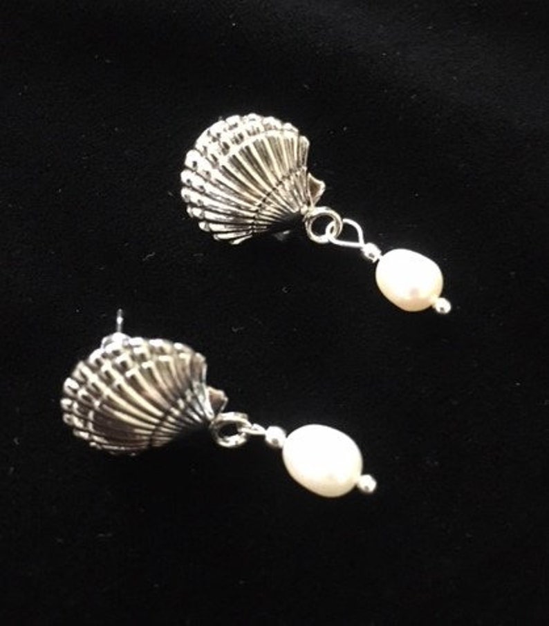 Silver Scallop Seashells with Pearl Drop Earrings