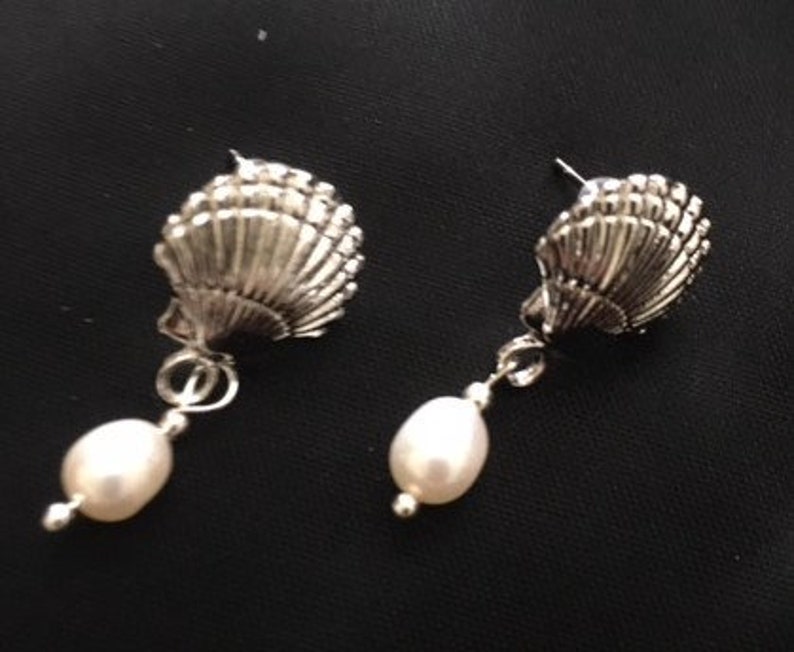Silver Scallop Seashells with Pearl Drop Earrings