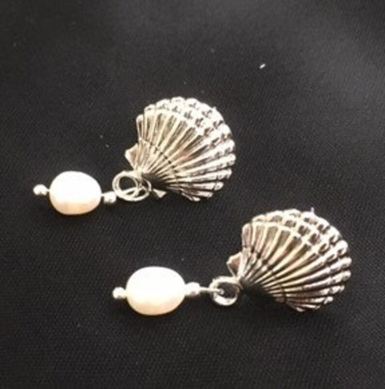 Silver Scallop Seashells with Pearl Drop Earrings