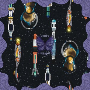 May include: A repeating pattern on a black background featuring various sci-fi style sonic screwdrivers and circular metallic devices with glowing elements. A purple butterfly graphic with the text Roni's Designs is centered in the image.