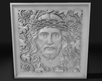 Antlitz Christi mit Weinreben STL 3D Reliefmodell Digital Download Christian Wandkunst