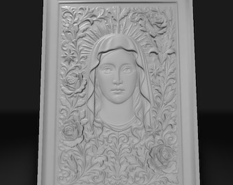 Virgin Mary Relief Sculpture: Ornate Bas-Relief STL for 3D Printing (Digital File)