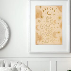 Abstract Celestial Goddess Wall Art | Gold Line Art Printable | Spiritual Boho Moon Phase Digital Download