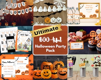 May include: A collection of Halloween party decorations and supplies. Includes pumpkin decorations, banners, invitations, cupcake toppers, and photo booth props. The central image reads "Ultimate BOO-tiful Halloween Party Pack."