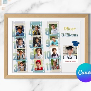 May include: A framed photo collage with eleven student portraits in a film strip layout. The name "Oliver Williams" and "Class of 2026" are displayed. A Canva logo is visible.