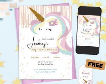 Editable Unicorn Birthday Invitation: Pastel Glitter Party (Digital Download, Thank-You Tags Included)