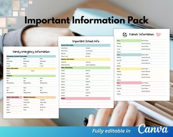 Important School Information Printables Emergency Contacts, School Details, Friends Info Organizer (Digital Download)