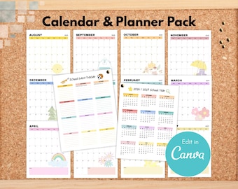 May include: A Calendar & Planner Pack featuring monthly calendar pages for August 2026 through April 2027, a School Event Tracker, and a 2026/2027 School Year overview. The pages include colorful seasonal graphics and a teal Edit in Canva circle.
