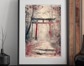 Stampa del cancello Torii: scena nella foresta del tempio zen giapponese (download digitale A4, JPG e PNG)