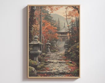 Japanese Maple Forest Wall Art, Zen Temple Print, Autumn Japanese Garden, Meditation Artwork, Japandi Decor, Wabi Sabi Digital Download A4