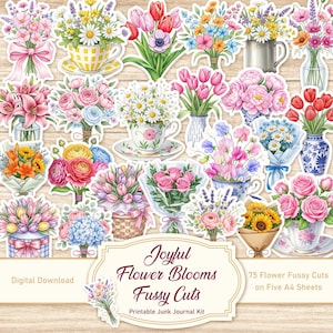 Op de afbeelding: Een verzameling aquarel bloemen fussy cuts, waaronder boeketten, theekopjes en vazen. De afbeelding toont een verscheidenheid aan bloemen in tinten roze, rood, geel en blauw. Tekst op de afbeelding luidt "Joyful Flower Blooms Fussy Cuts".