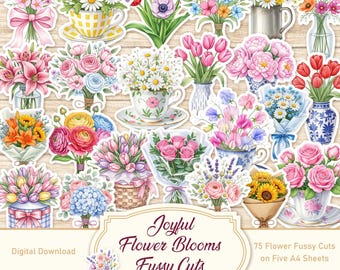 Joyful Flower Blooms Fussy Cut, Junk Journal Printable, Junk Journal Supplies, Junk Journal Kit, Flower Stickers, Digital Stickers