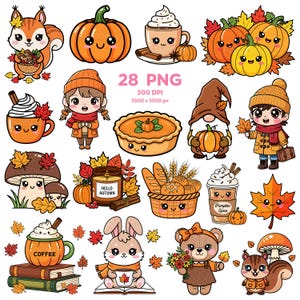 Può includere: Una collezione di 28 immagini PNG a tema autunnale. Le immagini includono zucche dei cartoni animati, uno scoiattolo, un coniglio, un orso, uno gnomo, una ragazza, un ragazzo, tazze di caffè, una torta, un fungo, un cestino di pane e foglie d'autunno.