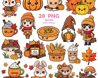 Cozy Autumn Kawaii Clipart, Happy Autumn Days Clipart, Kawaii Fall Harvest Clipart, Autumn Friends Clipart, Autumn PNG, Fall Season PNG