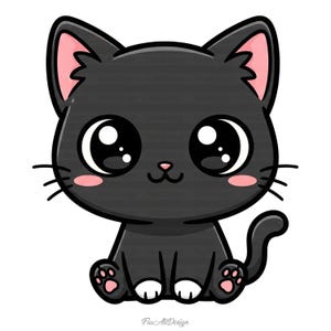 May include: A cartoon illustration of a black cat with large, expressive eyes. The cat has pink inner ears, cheeks, and paw pads. It is sitting upright with its tail curled, and has a cute, friendly expression.