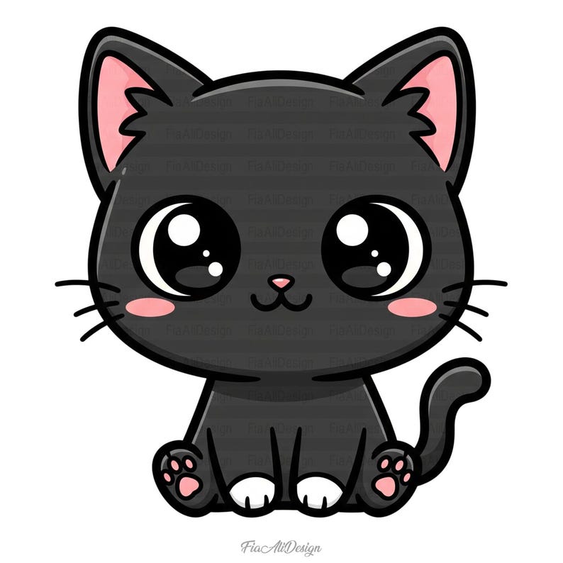May include: A cartoon illustration of a black cat with large, expressive eyes. The cat has pink inner ears, cheeks, and paw pads. It is sitting upright with its tail curled, and has a cute, friendly expression.