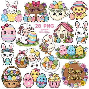 Söta påsk-sötnosar Clipart, Glad påsk Clipart, Påskhare & Ägg Clipart, Härlig påsk PNG, Påskträdgård, Pastellfärgade påskklistermärken
