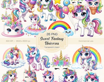 Sweet Fantasy Unicorns Clipart, Unicorns Clipart, Unicorns PNG, Unicorns Cartoon Clipart, PNG files, Transparent clipart